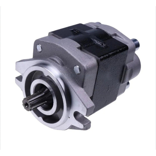 Hydraulic gear pump 91E71-00100 for Nissan K25 engine and Mitsubishi FG30 forklift, showing the metal pump with mounting flange