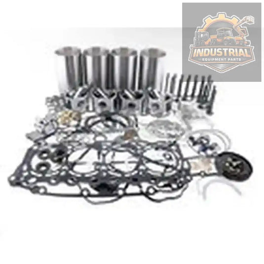 Nissan K25 engine forklift overhaul rebuild kit with various gaskets, seals, and parts laid out on a white background