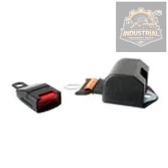 Orange 55-inch retractable forklift seat belt with push release, universal fit, 2-point safety harness for industrial equipment.