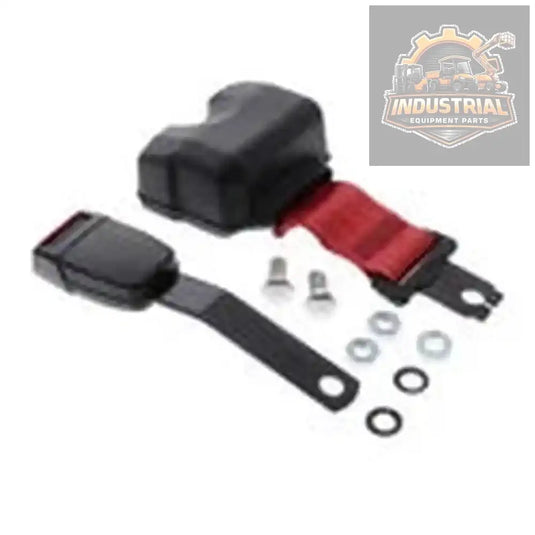 Red retractable forklift seat belt buckle with 58-inch safety belt, designed for universal compatibility and secure safety.