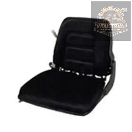 Black cloth forklift seat with suspension, universal fit for all models, featuring ergonomic design and adjustable components.