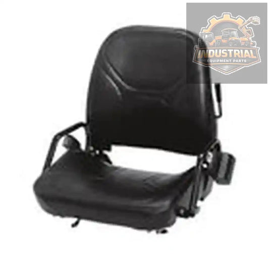 Black vinyl forklift seat with seat belt and hip restraints, universal replacement, featuring cushioning and safety straps.
