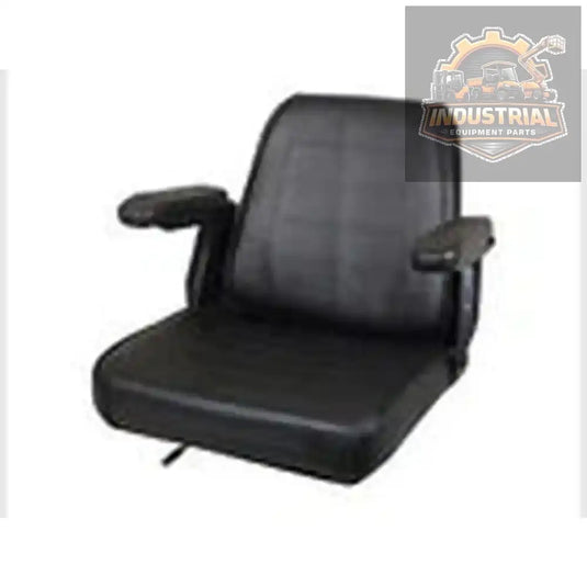 Universal forklift seat with armrests, compatible with Toyota, Caterpillar, Nissan, and TCM forklift models, made in the USA.