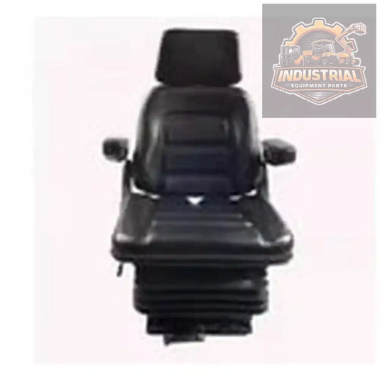 Black forklift tractor seat suspension with adjustable backrest and armrest, designed for universal compatibility and comfort.