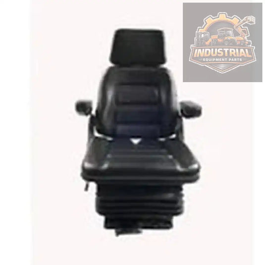 Black vinyl forklift seat with adjustable suspension backrest and armrest, designed for universal compatibility.
