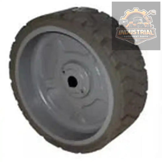 Genie GS-2632 scissor lift wheel and tire assembly with rim, non-marking rubber, shown in a close-up image.