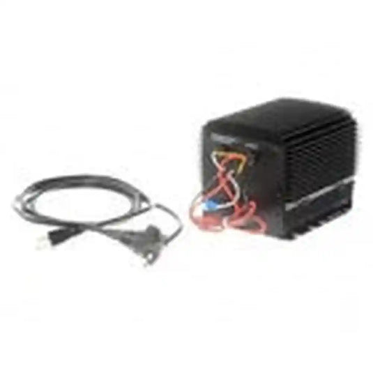 HB600-24B 24V 25A battery charger for Genie, Skyjack, JLG slab scissor lifts, shown connected to a lift battery.
